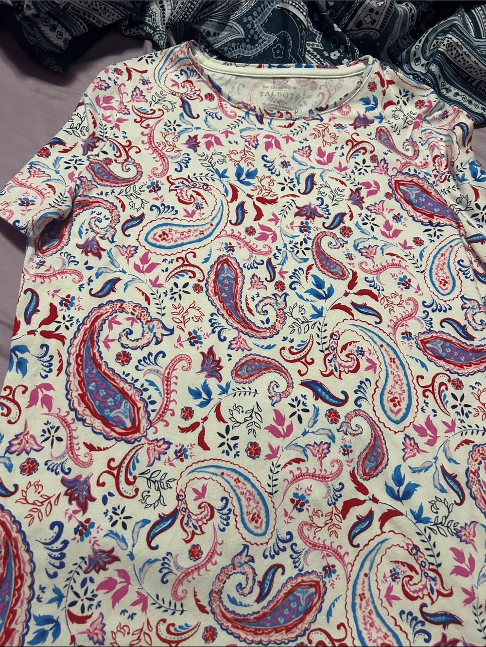 Talbots White Short Sleeve Paisley Tee with Pink, Red & Blue Accents